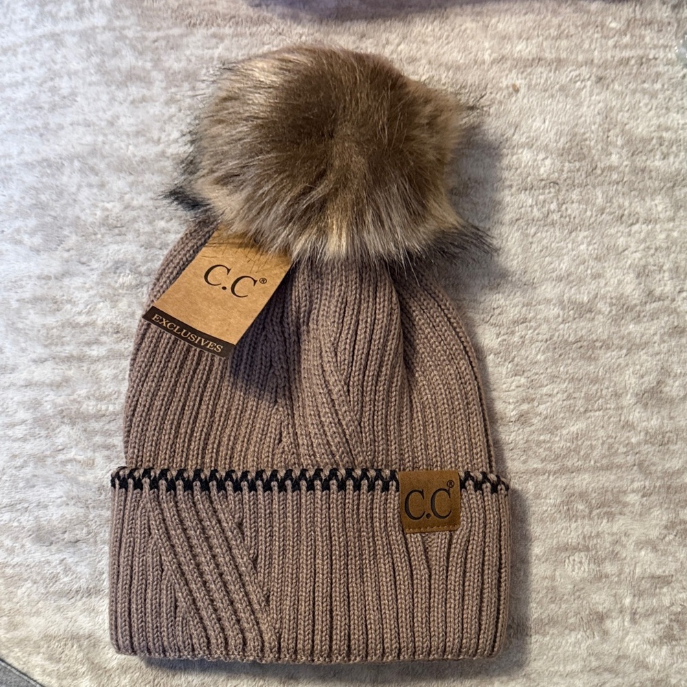 C.C Adult Knit Beanie with Faux Fur Pom-Pom/ ASK 15% OFF